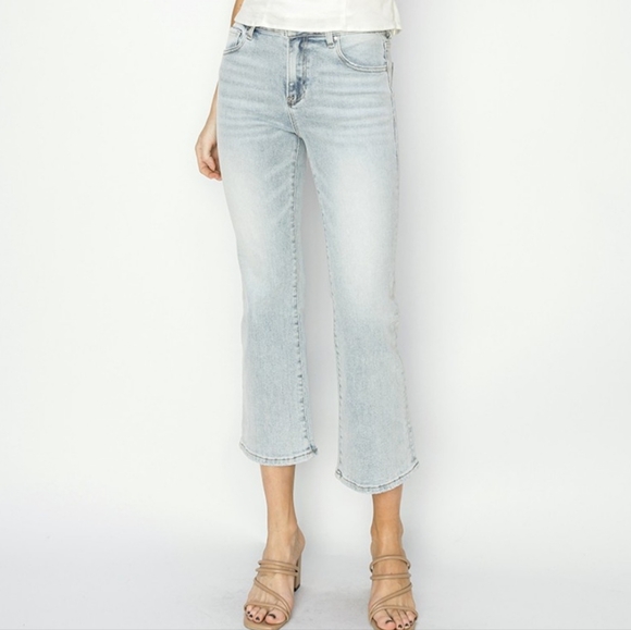 RISEN High-Rise Waist Skinny Fit Denim Pants Cropped Wide Flare Hem Blue Jeans - Picture 15 of 16